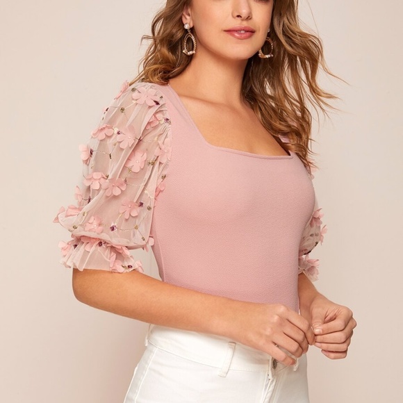 Floral detail sheer puff sleeve ruffle top - Picture 4 of 5